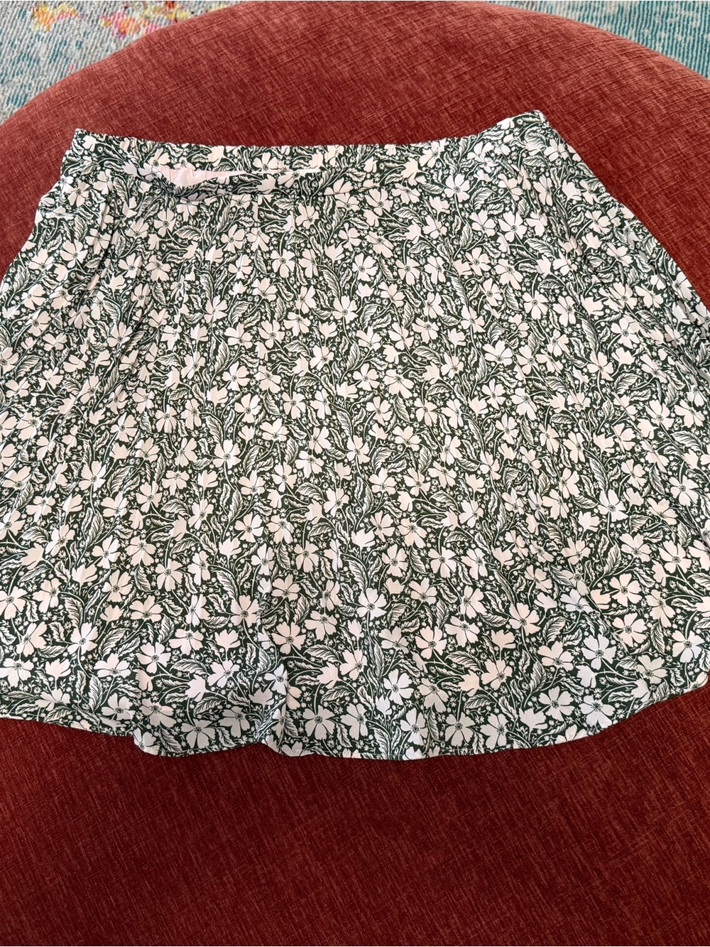Green and White Floral Mini Skirt with Elastic Waist